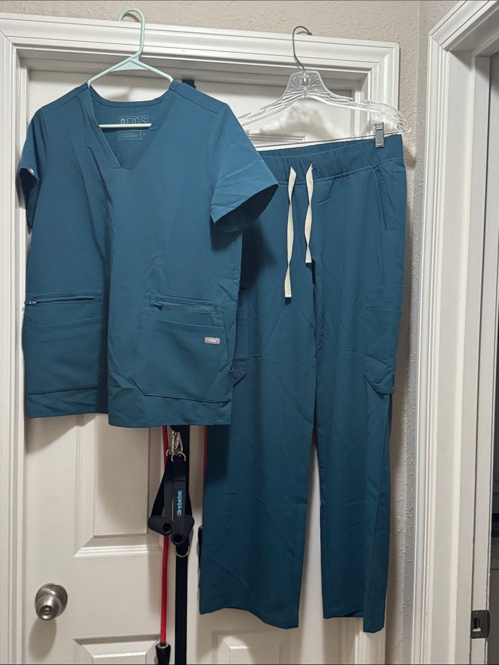 Figs Women's Teal V-Neck Scrub Top with Drawstring Straight Leg Pants